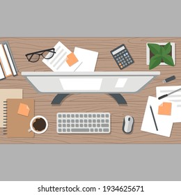 Realistic workplace organization. Top view with textured table, flowerpot, computer, calculator, diary and coffee mug. Stock vector illustration