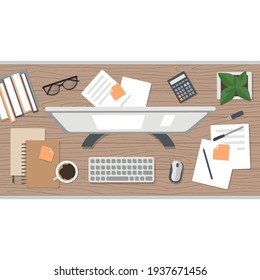 Realistic workplace organization. Top view with textured table, flowerpot, computer, calculator, diary and coffee mug. Stock vector illustration