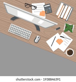 Realistic workplace organization. Top view with textured table, flowerpot, computer, calculator, diary and coffee mug. Stock vector illustration