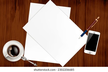 Realistic workplace organization. Top view with wood textured table, white paper, phone, pen, and coffee mug.
