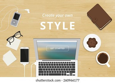 Realistic workplace organization. Top view with textured table, laptop, smartphone, stickers, glasses, diary, mp3 player and coffee mug
