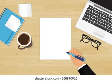 Realistic workplace organization. Top view with textured table, laptop, stickers, glasses, diary, human hand and coffee mug