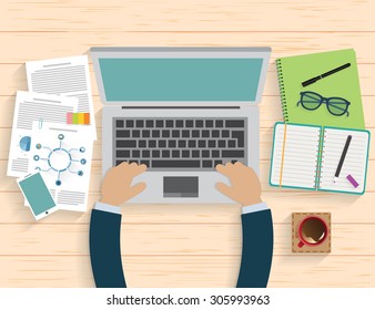 Realistic workplace organization. Top view with textured table, computer, note paper, glasses, diary and coffee mug.