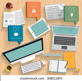 Realistic workplace organization. Top view with textured table, mac,
notebook, tablet, note paper, glasses, newspaper, diary and coffee mug.