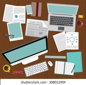 Realistic workplace organization. Top view with textured table, mac,
notebook, tablet, note paper, glasses, newspaper, diary and coffee mug.