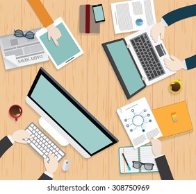 Realistic workplace organization. Top view with textured table, computer, smartphone, graphic tablet, note paper, glasses, newspaper, diary and coffee mug.