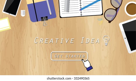 Realistic workplace organization. Top view with textured table, creative idea concept. Modern style for website, banner or printed materials.