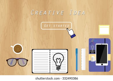 Realistic workplace organization. Top view with textured table, creative idea concept. Modern style for website, banner or printed materials.