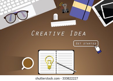 Realistic workplace organization. Top view with table, creative idea concept. Modern style for website, banner or printed materials.