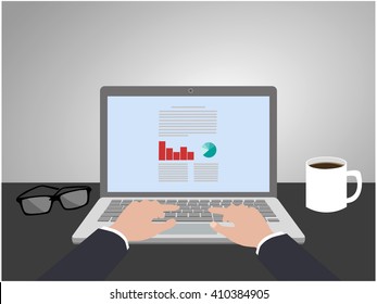 Realistic workplace organization. Top view with  table, laptop, smartphone, glasses, and coffee mug