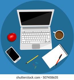 Realistic workplace organization. Top view with table, laptop and smartphone, diary and coffee mug. Desktop vector illustration.