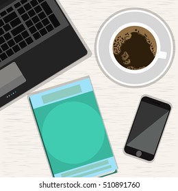 Realistic workplace organization. Top view with wood textured table, laptop, smartphone,book and cup of coffee. Work desk for office with stationery elements on the table.Vector illustration.