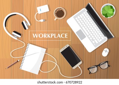 Realistic workplace organization. Top view with textured table, laptop, headphones connected smartphone, glasses, flowerpot, pencil, power bank, diary and coffee mug. Desk vector illustration