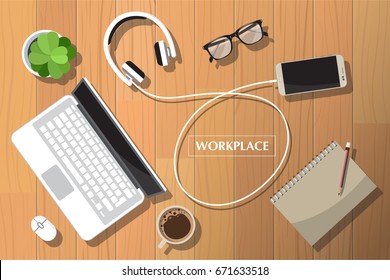 Realistic workplace organization. Top view with textured table, laptop, headphones connected smartphone, glasses, flowerpot, pencil, power bank, diary and coffee mug. Desk vector illustration