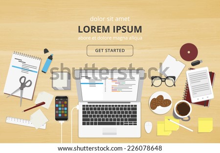 Realistic workplace organization. Top view with textured table, laptop, connected smartphone, notepad, stickers, glasses, cd disk, diary and coffee mug. Desk vector illustration of office stationery