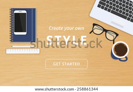 Realistic workplace organization. Top view with textured table, laptop, smartphone, diary, glasses, and coffee mug. Work desk for office with stationery elements on the table