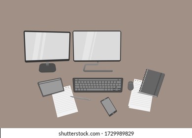Realistic workplace organization. View with top , computer, laptop, smartphone