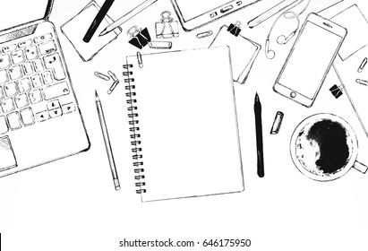 Realistic Workplace Organization,stationery Elements On Table.Sketch Office Work Desk. Business,school Consept. Flat Design,top View: Smartphone,computer,diary,coffee.. Hand Drawn Vector Illustration