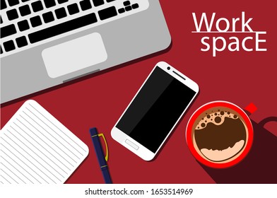 Realistic workplace or work space organization. Top view with textured red, laptop, smartphone, diary, pen, notepad and coffee mug. Work desk for office with stationery elements on the red background