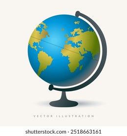 Realistic world globe with stand, vector illustration on white background. Globe of planet Earth for concept of kids learning or world traveling