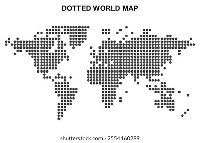 Realistic world map design in a dotted format globe cartography. Dotted world map vector infographic atlas design and arts showcasing continents, countries, and connections on white background. 