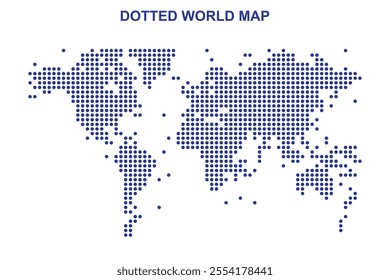 Realistic world map design in a dotted format globe cartography. Dotted world map vector infographic atlas design and arts showcasing continents, countries, and connections on white background.