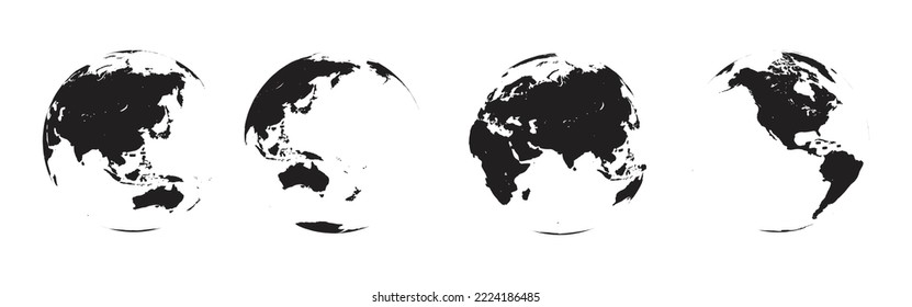 Realistic world map in globe shape on transparent background. Set of transparent globes of Earth.