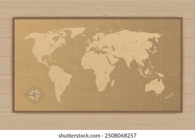 Mapa del mundo realista en la mesa de madera. Antiguas papel viejo con brújula. Pergamino antiguo para el mapa. Vector EPS 10