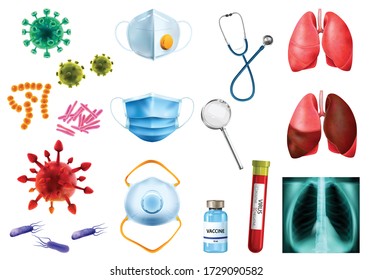 Realistic world pneumonia day icon set with bacteria masks vaccine virus test tube lungs vector illustration 