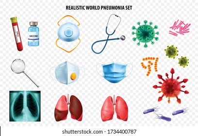 Realistic World Pneumonia Day Transparent Icon Set With Respirator Bacteria Xray Stethoscope Mask Lungs Vector Illustration