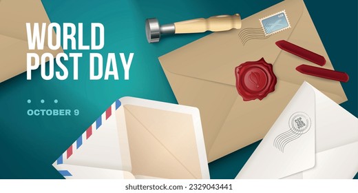 Realistic world post day composition with october nine descriptions and big headline vector illustration