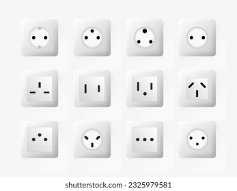 El socket de mundo realista tipea iconos. Estados Unidos, Europa, Asia, etc., tipos de enchufe eléctrica conjunto de iconos vectoriales. 