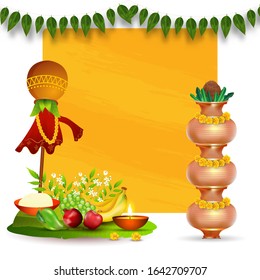 Realistic Worship Pot (Kalash) Set with Fruits, Neem Flowers, Leaves and Salt Bowl on Yellow Texture and White Background with Space For Text.