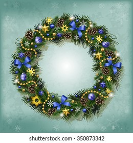 Realistic wreath of fir branches with elements for Christmas and New Year design: snowflakes, branches, pine cones, ribbons, stars, garlands, beads