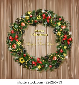 Realistic wreath of fir branches on wood background. Christmas and New Year design elements: snowflakes, branches, pine cones, ribbons, stars, garlands, beads