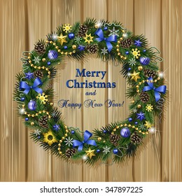 Realistic wreath of fir branches on wood background. Christmas and New Year design elements: snowflakes, branches, pine cones, ribbons, stars, garlands, beads