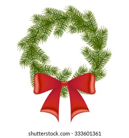 Realistic wreath from Fir Branches with red bows and with free space for text, isolated on white background. Happy New Year and Merry Christmas. Ready template for your designer projects. Vector