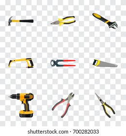Realistic Wrench, Hacksaw, Pliers And Other Vector Elements. Set Of Instruments Realistic Symbols Also Includes Long, Tool, Claw Objects.