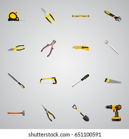Realistic Wrench, Handle Hit, Stationery Knife Vector Elements. Set Of  Realistic Symbols Also Includes Drill, Shovel, Electric Screwdriver Objects.