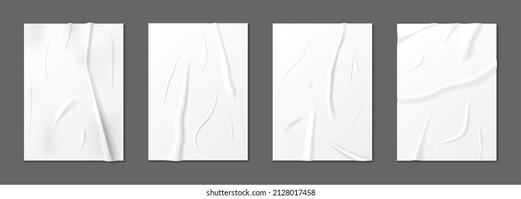 Afiche realista arrugado, afiches de papel mojado derrumbados. Cartel pegado en blanco con efecto de arruga, conjunto vectorial de pegatinas blancas. Efecto de papel en blanco pegado e imagen de textura cruzada