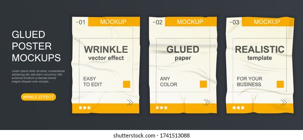 Realistic Wrinkled poster template. Effect of poorly glued paper. Wrinkled wet paper Set. Crumpled Wallpaper. Mockup for web design. Easy to edit. Well drawn Isolated Vector illustration