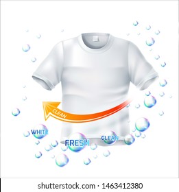 Realistic wrinkled t-shirt with cleaning molecule bubble vortex. white mockup. Vector empty short-sleeve shirt for brand design. Cotton unisex apparel. Blank shirt for laundry detergent ad design.