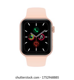 Realistic wrist smart watch 40 mm Gold Aluminium Case with Pink Sand Sport Band isolated on white background. Icon Smart Watch. Vector EPS 10