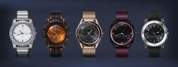 Realistic Wrist Watches. 3D Classic And Modern Business Watches With Chronograph, Metal And Leather Bracelet And Different Clockworks Faces. Vector Set Style Modern Men Watch