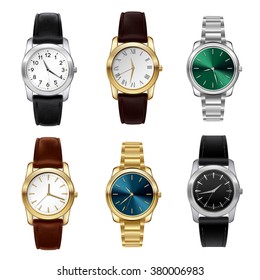 Realistic wrist watches set with leather and metal belts isolated vector illustration