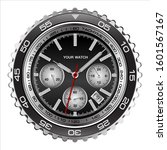 Realistic wristwatch face black steel chronograph luxury for men on white background vector illustration.