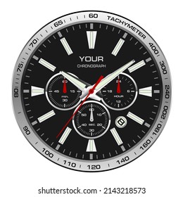 Realistic wristwatch face black steel chronograph luxury for men on white background vector illustration.