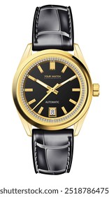 Realistic wristwatch in gold with diamonds around the dial black leather strap, design for men luxury elegant vector illustration.