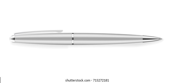 Realistic writing pen mock up. Grey white metallic ballpan template. Detailed graphic design element. Office supply, school stationery. Isolated on white background. Vector illustration
