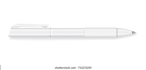 Realistic writing pen mock up. Grey white plastic ballpan template. Detailed graphic design element. Office supply, school stationery. Isolated on white background. Vector illustration